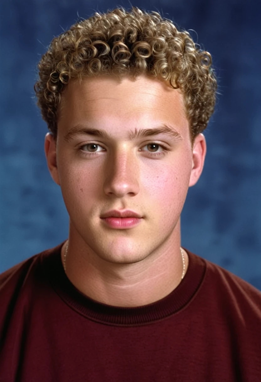 twenty six year old white man, curly sandy crewcut hair, slightly overweight but strong physique, square face, photorealism, high quality, 8k, 90s style, 1990s, untucked maroon #57 football jersey with gold trim and jeans, no background, studio portrait, (full body shot:1.1)
