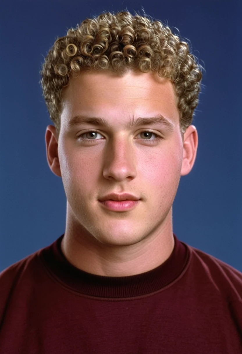 twenty six year old white man, curly sandy crewcut hair, slightly overweight but strong physique, square face, photorealism, high quality, 8k, 90s style, 1990s, untucked maroon #57 football jersey with gold trim and jeans, no background, studio portrait, (full body shot:1.1)
