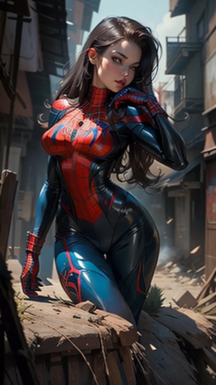 Beautiful woman detailed defined body using spider man cosplay, large breasts, blue latex outfit