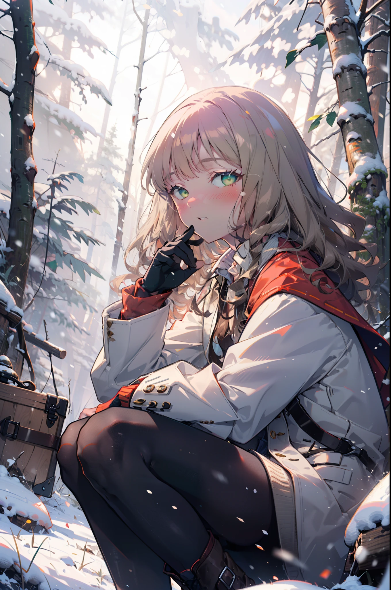 minami yume ,sss Dynazenon ,Long Hair, Brown Hair, (Green Eyes:1.5) ,Mid-chest,hair band,smile,blush,White Breath,
Open your mouth,snow,Ground bonfire, Outdoor, boots, snowing, From the side, wood, suitcase, Cape, Blurred, having meal, forest, White handbag, nature,  Squat, Mouth closed, Cape, winter, Written boundary depth, Black shoes, red Cape break looking at viewer, Upper Body, whole body, break Outdoor, forest, nature, break (masterpiece:1.2), highest quality, High resolution, unity 8k wallpaper, (shape:0.8), (Beautiful and beautiful eyes:1.6), Highly detailed face, Perfect lighting, Highly detailed CG, (Perfect hands, Perfect Anatomy),