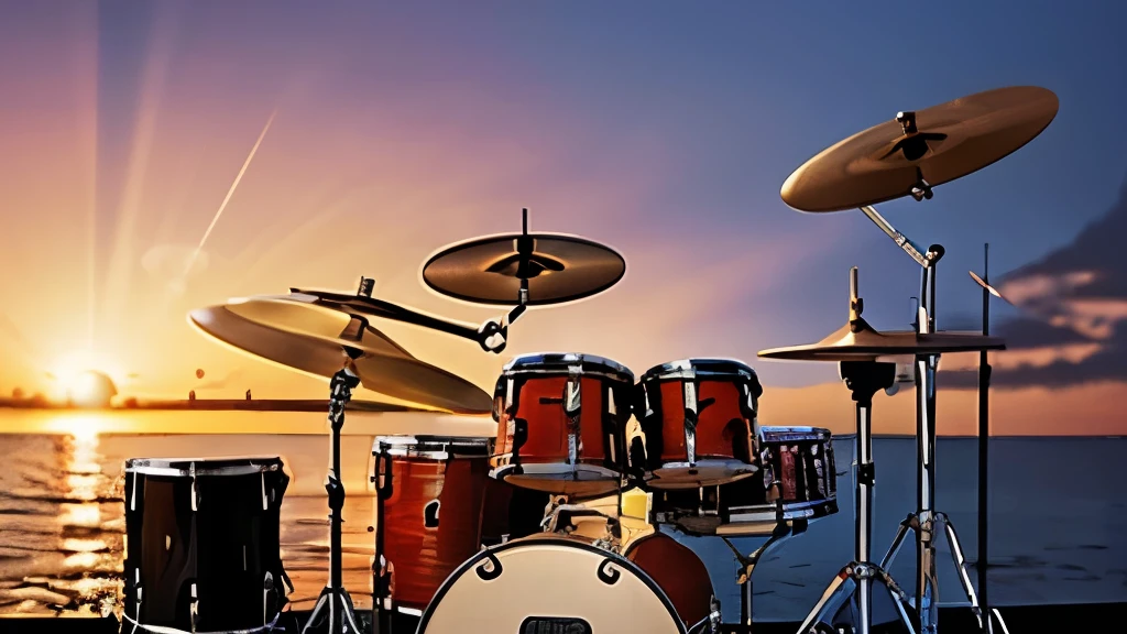 (high quality), (abstract art) sunset in background, musical instruments in foreground: 1 guitar, 1 keyboard, drums, microphone
