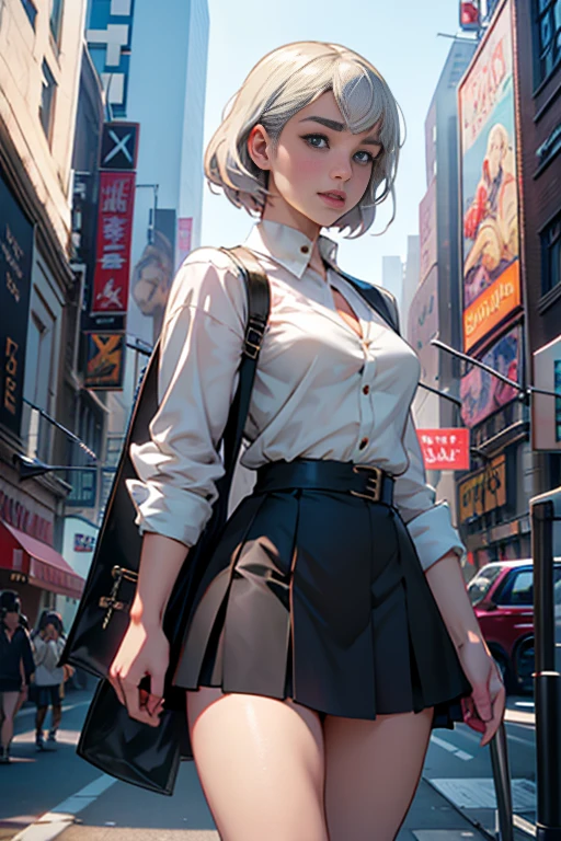 (Masterpiece: 1.1), (Best Quality: 1.0), (Ultra High Definition: 1.0), (8K Resolution: 1.2), (Real: 1.0), (Ultra Detail: 1:0), (RAW Photo: 1.1), Bird's Eye Angle (Ginza_\(Japan\), Outdoor, One Girl, Bangs, Panties, Sexy Pink Ribbon, Breasts, Collarbone, Collared Shirt, Ear Piercings, Earrings, Eyebrows Visible Through Hair, Head Tilt Jewelry, Lifted by Yourself, Blue Loose Tie, Middle Breast, Piercing, Uniform, Shirt, Solo, Underwear, White Shirt, Angry Face, (Ear Piercing: 1:1), Earrings, Camera Gaze, Nail Art, Nail Polish, See-Through Bang, Light Gray Hair, (Blue Skirt), Clavicle, Thigh Gap, Small Hips, Mini Skirt, Matayom Uniform, (Mekosuji: 1.2)