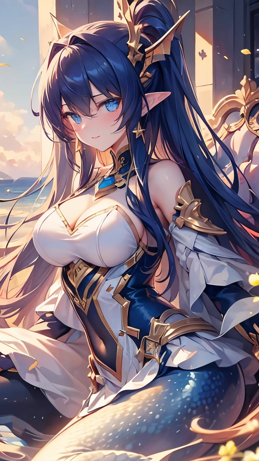 ((highest quality, 8k, masterpiece: 1.3)), Dark blue hair, Hair behind the ear, Long Hair, Big Hair, Wet Hair, Star hair ornament, Upturned eyes, Pointed Ears, A light smile, ((Mermaid)), Sit on a coral reef, Beautiful Face, highest quality, Shiny skin, Detailed skin, ((Detailed face, Fine grain))