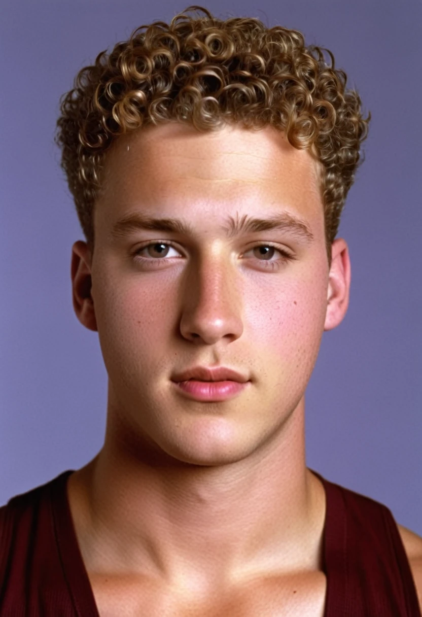 twenty six year old white man, curly sandy crewcut hair, slightly overweight but strong physique, square face, photorealism, high quality, 8k, 90s style, 1990s, untucked maroon #57 football jersey with gold trim and jeans, no background, (full body shot:1.1)