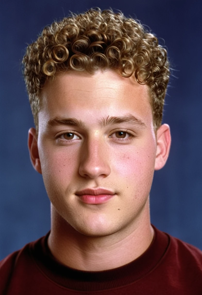 twenty six year old white man, curly sandy crewcut hair, slightly overweight but strong physique, square face, photorealism, high quality, 8k, 90s style, 1990s, untucked maroon #57 football jersey with gold trim and jeans, no background, (full body shot:1.1)