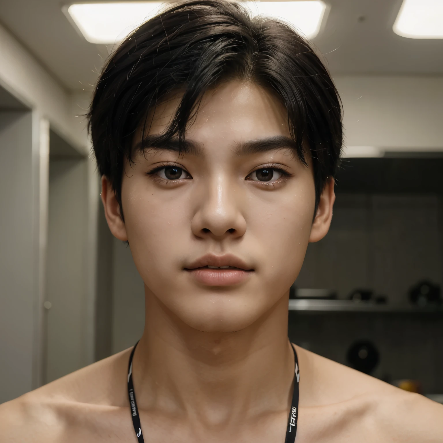 An 18 year old handsome Korean teenage boy with black hair and a sharp jawline. With a mix of Yeonjun from TXT and San from ATEEZ