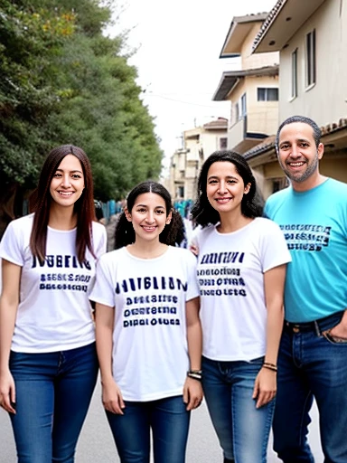 group of A jews wearing shirts and jeans, in a residential area, A jews focusing on the characters' faces.