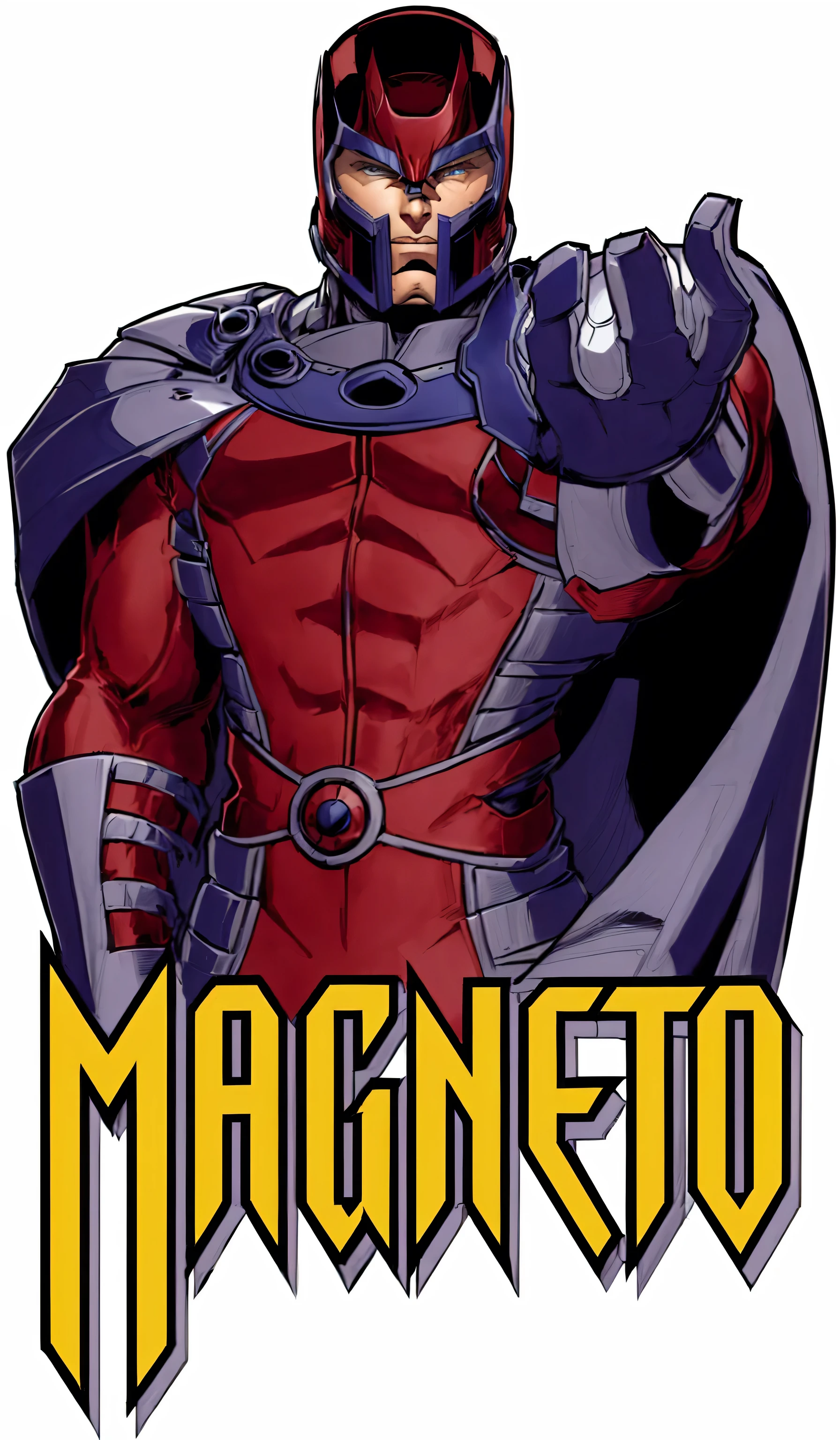 um desenho animado de um homem de terno vermelho com uma espada, magneto, inspirado em Jack Kirby, magnetic, Magitek, galactus!!!!, inspirado em Rob Liefeld, por Rick Naguaro, inspirado em Max Magnus Norman, capa de quadrinhos, Design de personagens de quadrinhos dos anos 90, inspired por Rick Naguaro