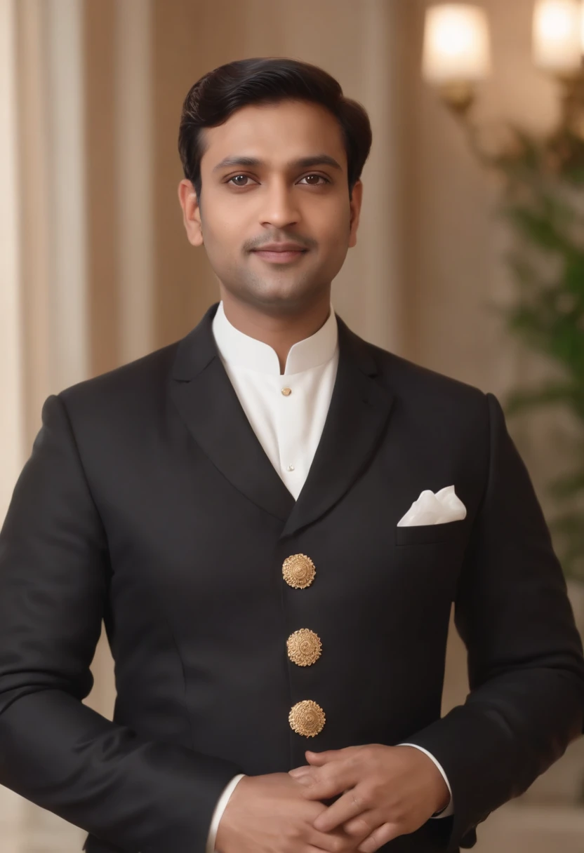 Hyper realistic, A 40-year-old smart Bangladeshi political leader, clean-shaven, wearing a black Nehru coat over a white Punjabi, with gold buttons on the coat. 32K UHD, High Resolution , light film, hyper-detailed, hyper-realistic , masterpiece , atmospheric , high resolution, 8k, HDR , 500px, +8k , unreal engine 5 , ultra sharp focus, award winning photograph , picture have to be very bright