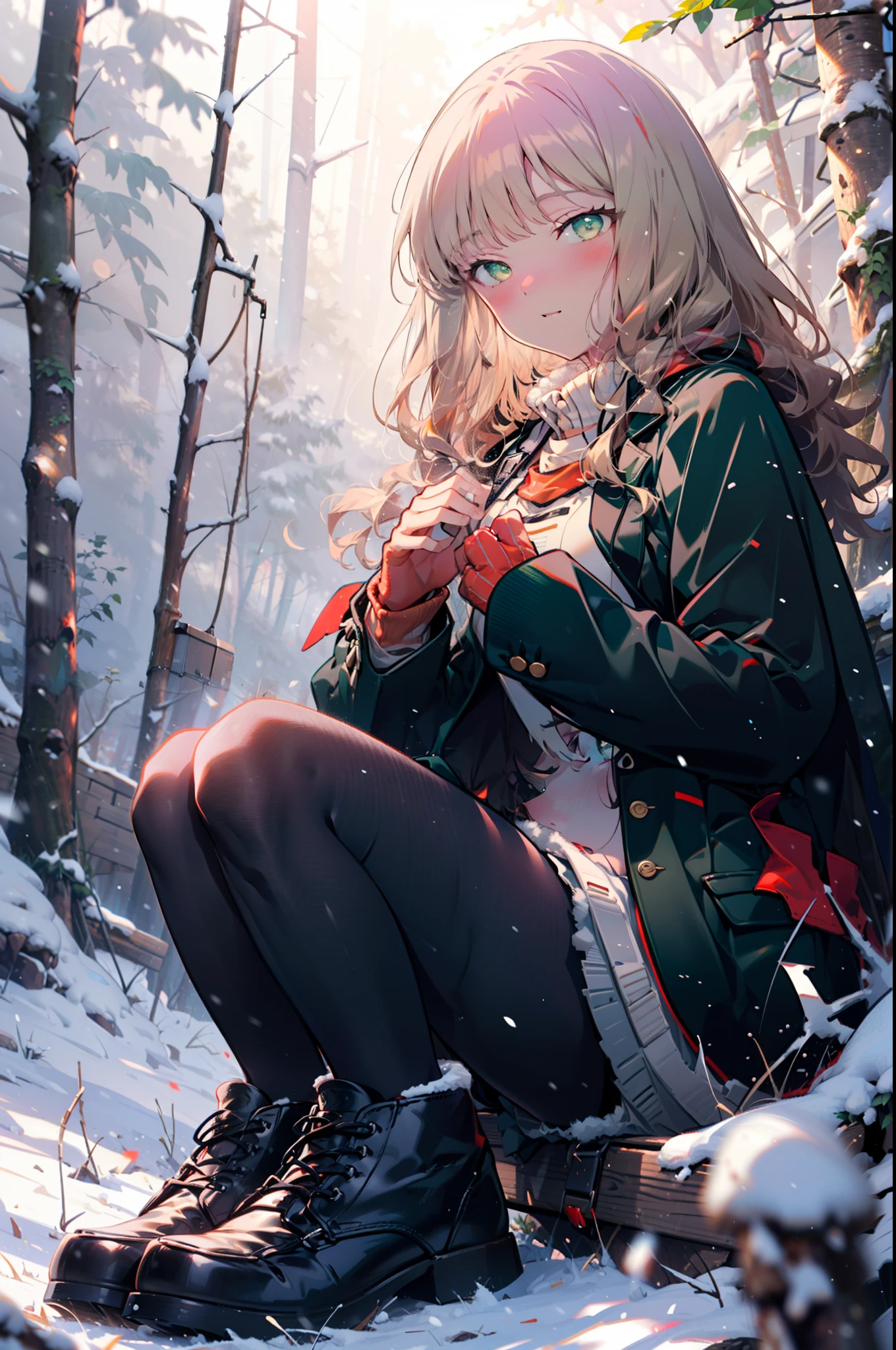 minami yume ,sss Dynazenon ,Long Hair, Brown Hair, (Green Eyes:1.5) ,Mid-chest,hair band,smile,blush,White Breath,
Open your mouth,snow,Ground bonfire, Outdoor, boots, snowing, From the side, wood, suitcase, Cape, Blurred, , forest, White handbag, nature,  Squat, Mouth closed, Cape, winter, Written boundary depth, Black shoes, red Cape break looking at viewer, Upper Body, whole body, break Outdoor, forest, nature, break (masterpiece:1.2), highest quality, High resolution, unity 8k wallpaper, (shape:0.8), (Beautiful and beautiful eyes:1.6), Highly detailed face, Perfect lighting, Highly detailed CG, (Perfect hands, Perfect Anatomy),