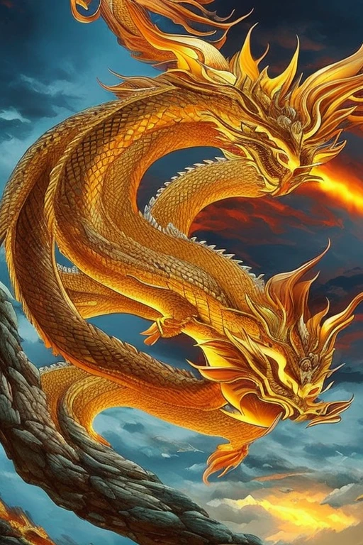 So sublime and divine々A beautiful golden dragon coiled up in the center of the screen, glaring at the camera.。金色のThe dragon is幸せをもたらす神なのでとても有難い存在である。The surrounding area is a canyon where no one can get close, and lightning is flashing in the background.、The sun is shining brightly。The dragon is、I want a realistic image。