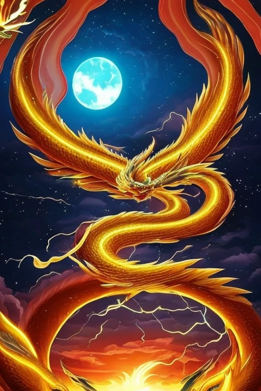 So sublime and divine々A beautiful golden dragon coiled up in the center of the screen, glaring at the camera.。金色のThe dragon is幸せをもたらす神なのでとても有難い存在である。The surrounding area is a canyon where no one can get close, and lightning is flashing in the background.、The sun is shining brightly。The dragon is、I want a realistic image。
