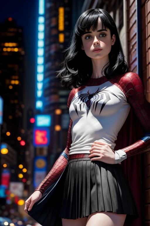 Krysten Ritter、マーベルコミックの映画Poster、so beautiful、Movies about Spider-Man、sexy、whole body、Wearing a skirt、Premiere Date、Poster、belly buttonを突き出す、new york、She&#39;s wearing a ripped Spiderman suit、The suit is torn、Wearing a skirt、Red and black color scheme、dynamic、masterpiece、highest quality、Super detailed、Very detailed、Delicate and beautiful shine、Ultra-high resolution、Cinematic、break、breakドロップ、(Torn clothes:1.5)、(Wet clothes:1.4)、Bare shoulders、Real Rain、Wet Hair、belly button、Exposed Skin、sexyな肩を披露