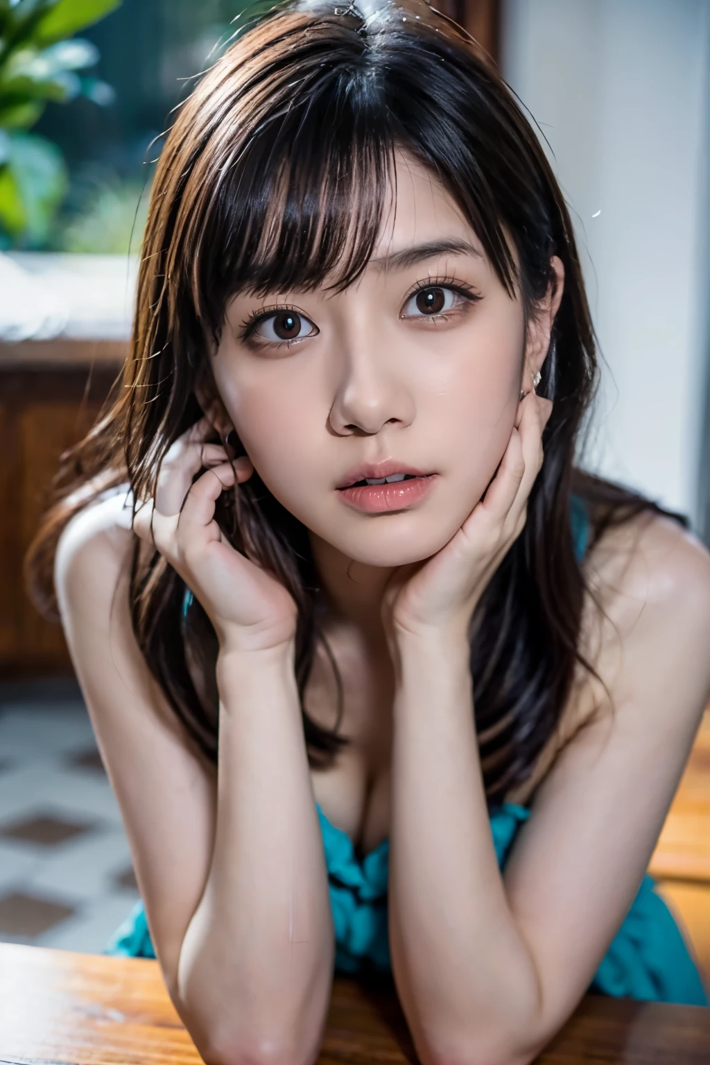 Ulzzang-6500-v1.1, (RAW Photos:1.2), (Photorealistic), Beautiful detailed girl, (Genuine: 1.4), Very detailedな目と顔, Beautiful and fine details, Snow Scene、Large file size, High resolution, Very detailed, highest quality, [masterpiece:1.6], Awareness-raising, Very detailed, Hmph, In detail, highest quality, 8k wallpaper, Cinema Lighting, One Girl, ************, Perfect figure, Cute droopy eyes、Beautiful big eyes、Pieck Finger, ((Tabletop)), highest quality, One Girl, eye shadow, Upper Body, Portraiture, ((Full Body Shot:1.2))、