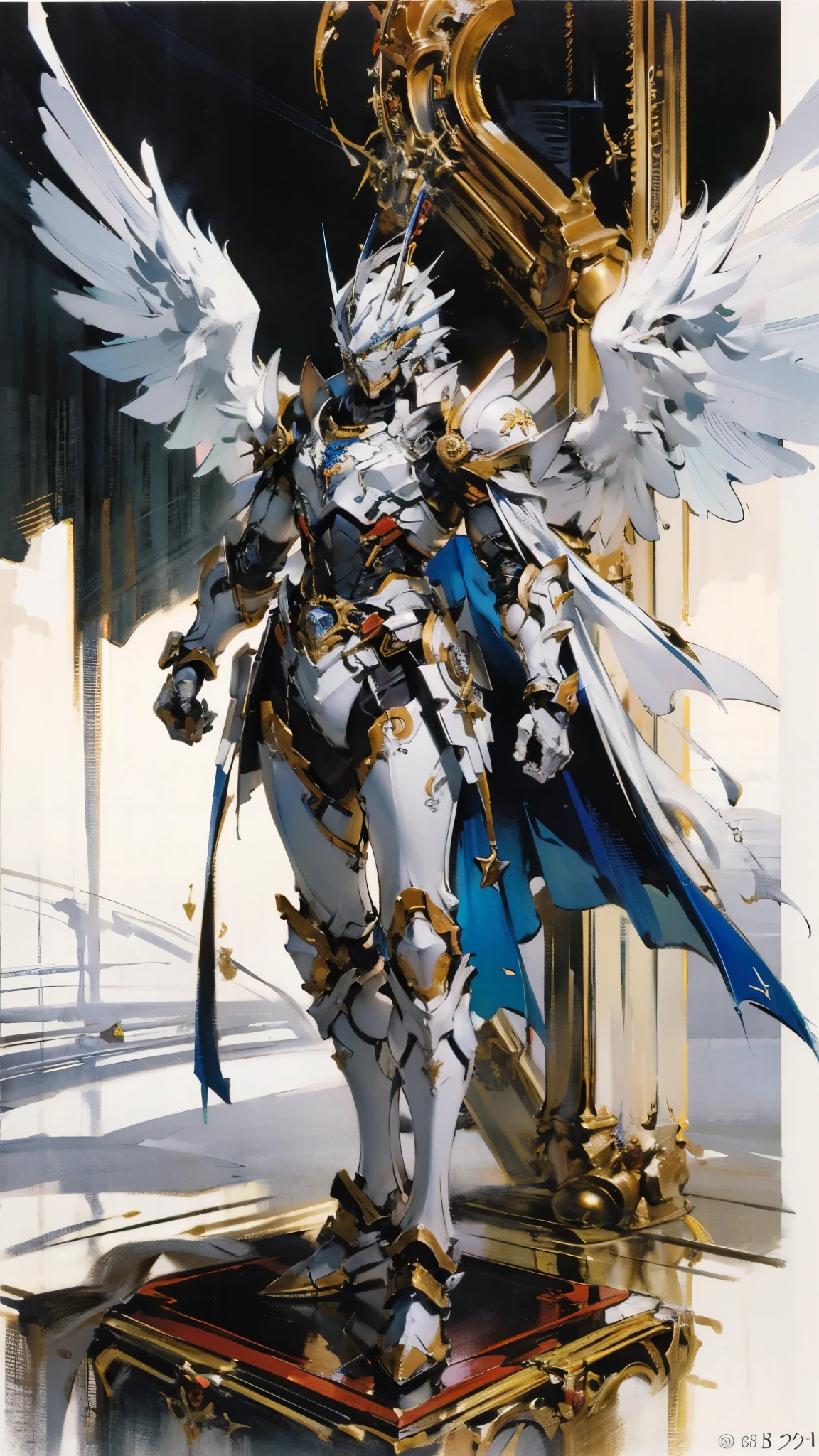 A man wearing a full-face helmet, a fantasy-style biotech armored combat suit, green eyes, (a composite layered chest armor), fully enclosed shoulder guards, matching arm and leg guards, the belt is adorned with Halo, (the color scheme is primarily white with red and blue accents), the design balances heavy with agility, a high-tech bio-mecha armor, (Armor Concept Inspired by Angel, stand on the top of a skyscraper in a futuristic sci-fi city), this character embodies a finely crafted fantasy-surreal style armored hero in anime style, exquisite and mature manga art style, (battle damage, element, plasma, energy, the armor glows), ((male:1.5)), metallic, real texture material, dramatic, high definition, best quality, highres, ultra-detailed, ultra-fine painting, extremely delicate, professional, perfect body proportions, golden ratio, anatomically correct, symmetrical face, extremely detailed eyes and face, high quality eyes, creativity, RAW photo, UHD, 32k, Natural light, cinematic lighting, masterpiece-anatomy-perfect, masterpiece:1.5