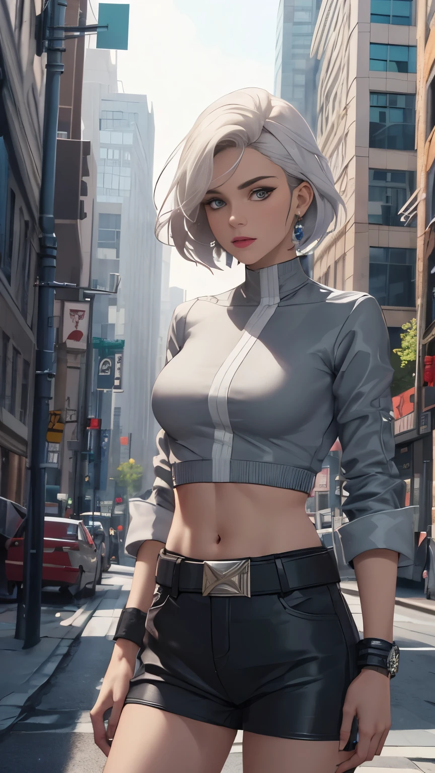 (Highly quality, masterpiece, detailed), city detailed scenario, city detailed background, 20 years old girl, solo, SilverSable_aiwaifu, 1girl, short hair, belt , sleeves rolled up, jewelry, Sliver Hair, brown eyes, coat, white dress ,crop top, Abdomen, Navel, beautiful eyes, perfect eyes, looking at the viewer, Sexy pose