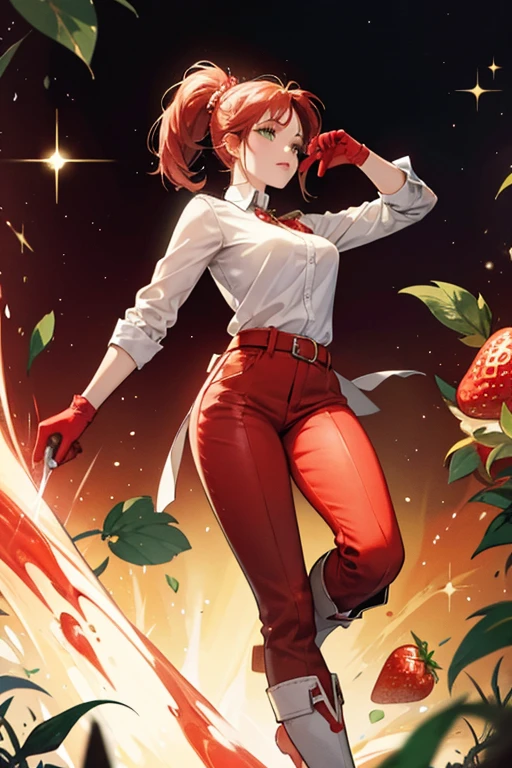 She wears a white shirt, red gloves, green trousers with a red belt with a strawberry, and red boots, and has strawberry accessories on both ears. SPARKLE; GLITTER