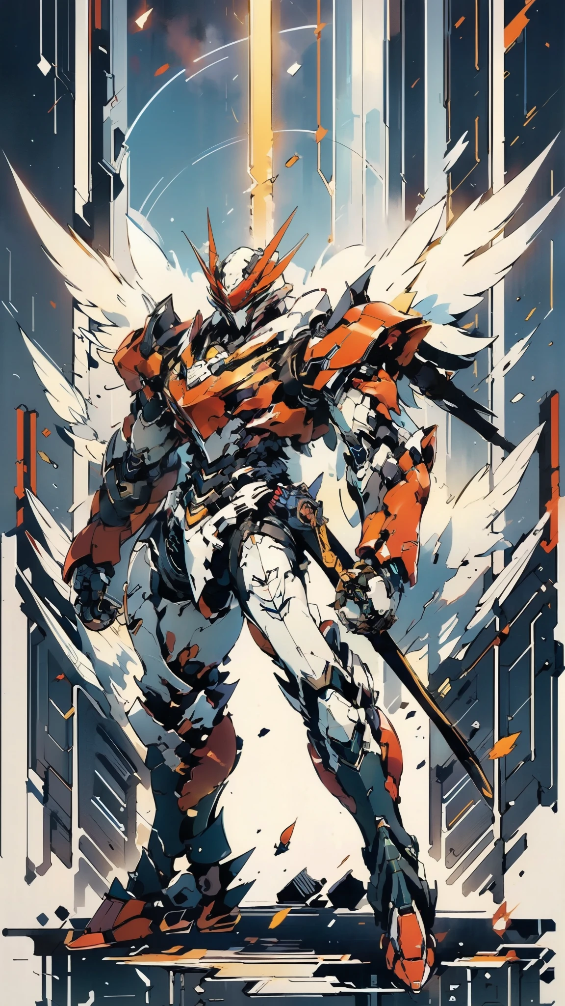 A man wearing a full-face helmet, a fantasy-style biotech armored combat suit, green eyes, (a composite layered chest armor), fully enclosed shoulder guards, matching arm and leg guards, the belt is adorned with Halo, (the color scheme is primarily white with red and blue accents), the design balances heavy with agility, a high-tech bio-mecha armor, (Armor Concept Inspired by Angel, stand on the top of a skyscraper in a futuristic sci-fi city), this character embodies a finely crafted fantasy-surreal style armored hero in anime style, exquisite and mature manga art style, (battle damage, element, plasma, energy, the armor glows), ((male:1.5)), metallic, real texture material, dramatic, high definition, best quality, highres, ultra-detailed, ultra-fine painting, extremely delicate, professional, perfect body proportions, golden ratio, anatomically correct, symmetrical face, extremely detailed eyes and face, high quality eyes, creativity, RAW photo, UHD, 32k, Natural light, cinematic lighting, masterpiece-anatomy-perfect, masterpiece:1.5