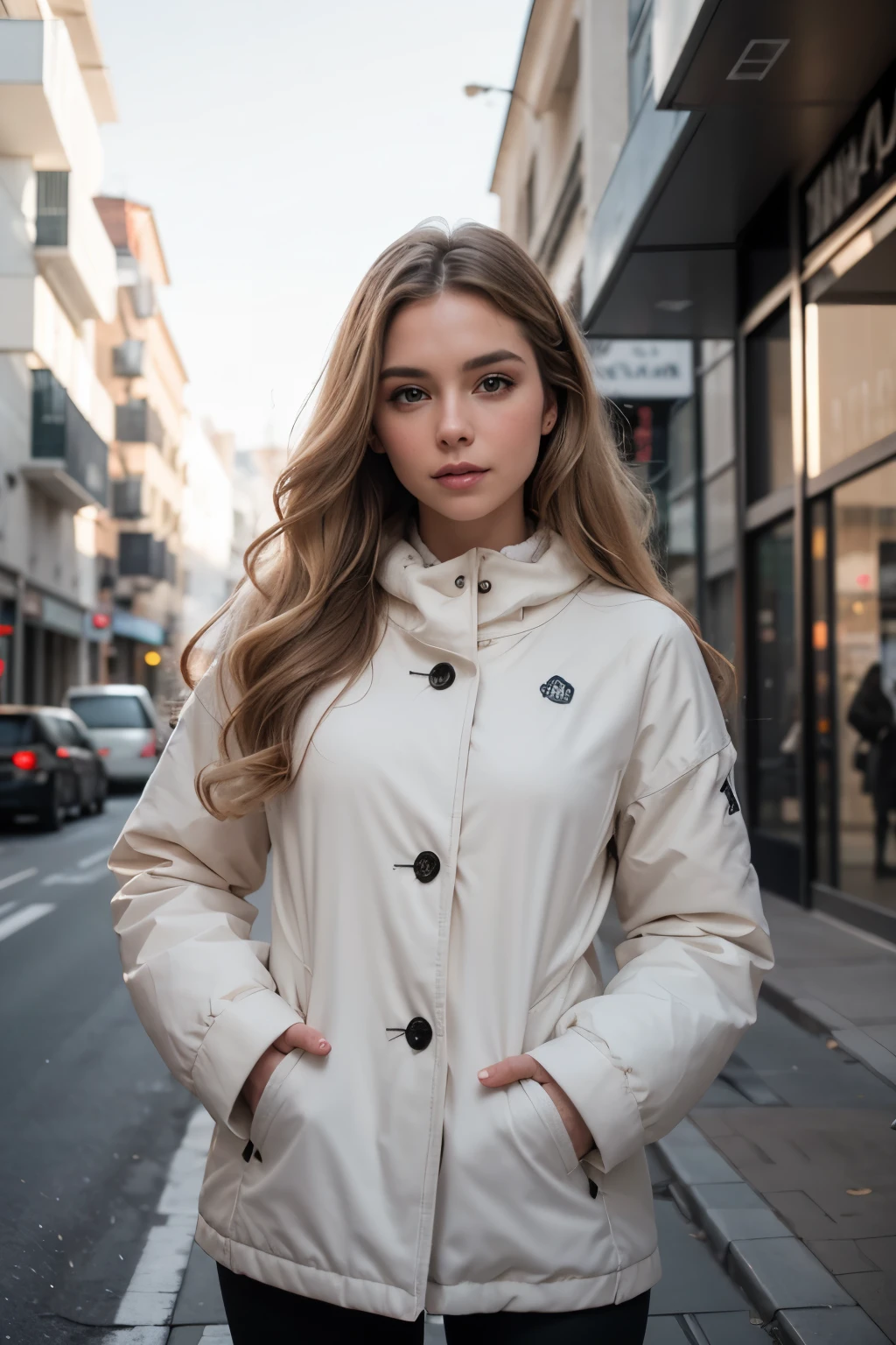 proFessional portrait photograph oF a gorgeous Norwegian girl in winter clothing with long wavy blonde hair, sultry Flirty look, gorgeous symmetrical Face, lindo maquillaje natural, wearing elegant warm winter Fashion clothing, ((parado afuera en una calle nevada de la ciudad)), impresionante entorno urbano moderno, ultra realista, arte conceptual, elegant, muy detallado, Intrincado, sharp Focus, depth oF Field, F/1. 8, 85mm, tiro medio, plano medio, (((proFessionally color graded))), bright soFt diFFused light, (volumetric Fog), tendencia en instagram, hdr 4k, 8K