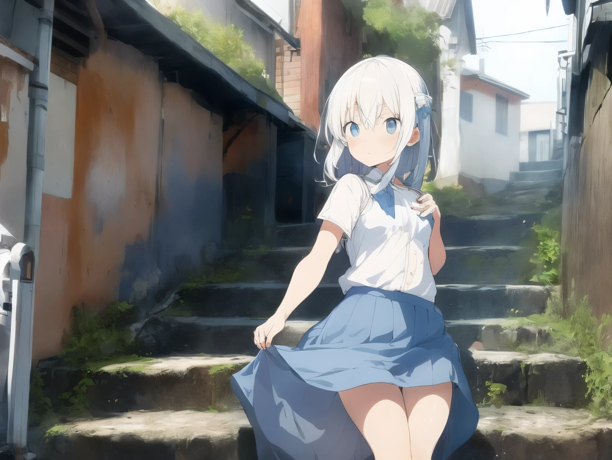 in long skirt、Steep stairs at school、Shirt clinging to no-bra 、Cute white underwear showing off a lifted skirt、Light blue color、Sweaty shirt