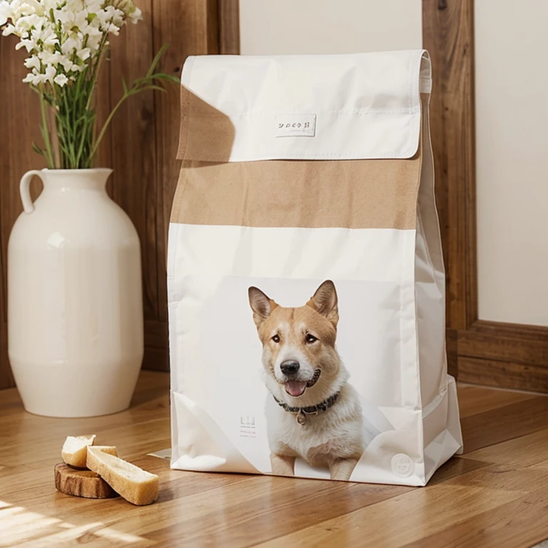 Crea una imagen de fondo blanco con solamente una bolsa de comida para perros