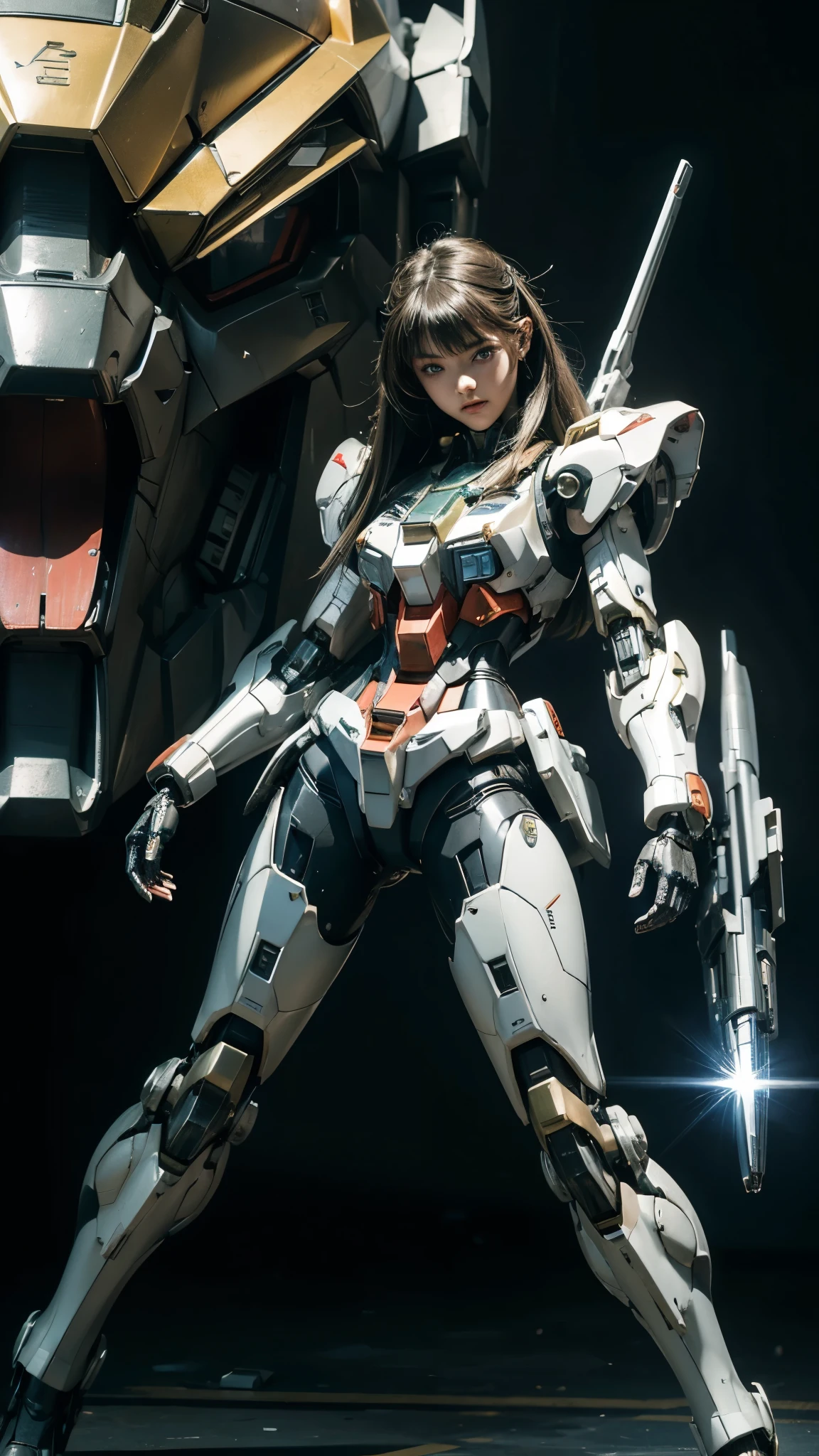 Textured skin, Super Detail, high details, High quality, Best Quality, hight resolution, 1080p, hard disk, Beautiful,(Gundam),Mobile Suit Girl,beautiful cyborg woman,Mecha Cyborg Girl,Battle Mode,Girl with a Mecha Body,She wears a futuristic Gundam mecha,Fulll body Shot