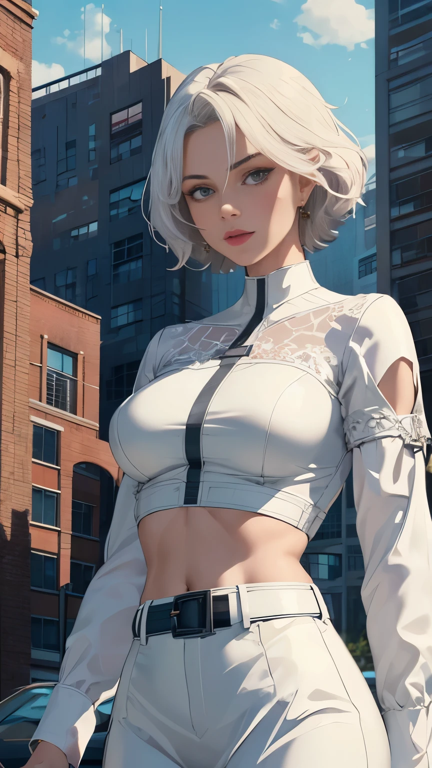 (Highly quality, masterpiece, detailed), city detailed scenario, city detailed background, 20 years old girl, solo, SilverSable_aiwaifu, 1girl, short hair, belt , sleeves rolled up, jewelry, Sliver Hair, brown eyes, coat, white dress, white top, crop top, Abdomen, Navel, beautiful eyes, perfect eyes, looking at the viewer, Sexy pose