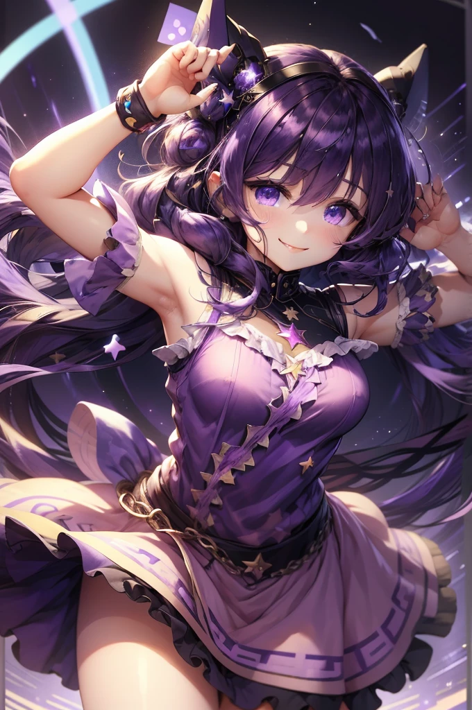 1 girl with tongue out, wide, star (symbol), view visor, (purple hair: 1.2), purple eyes, upper body, hair ornament, ruffles, pink shirt, smile, sleeveless, shirt, idol, symbol shaped pupil, punches, one side up, star-shaped pupils, arms raised looking at viewer, Peace sign, Hand raised