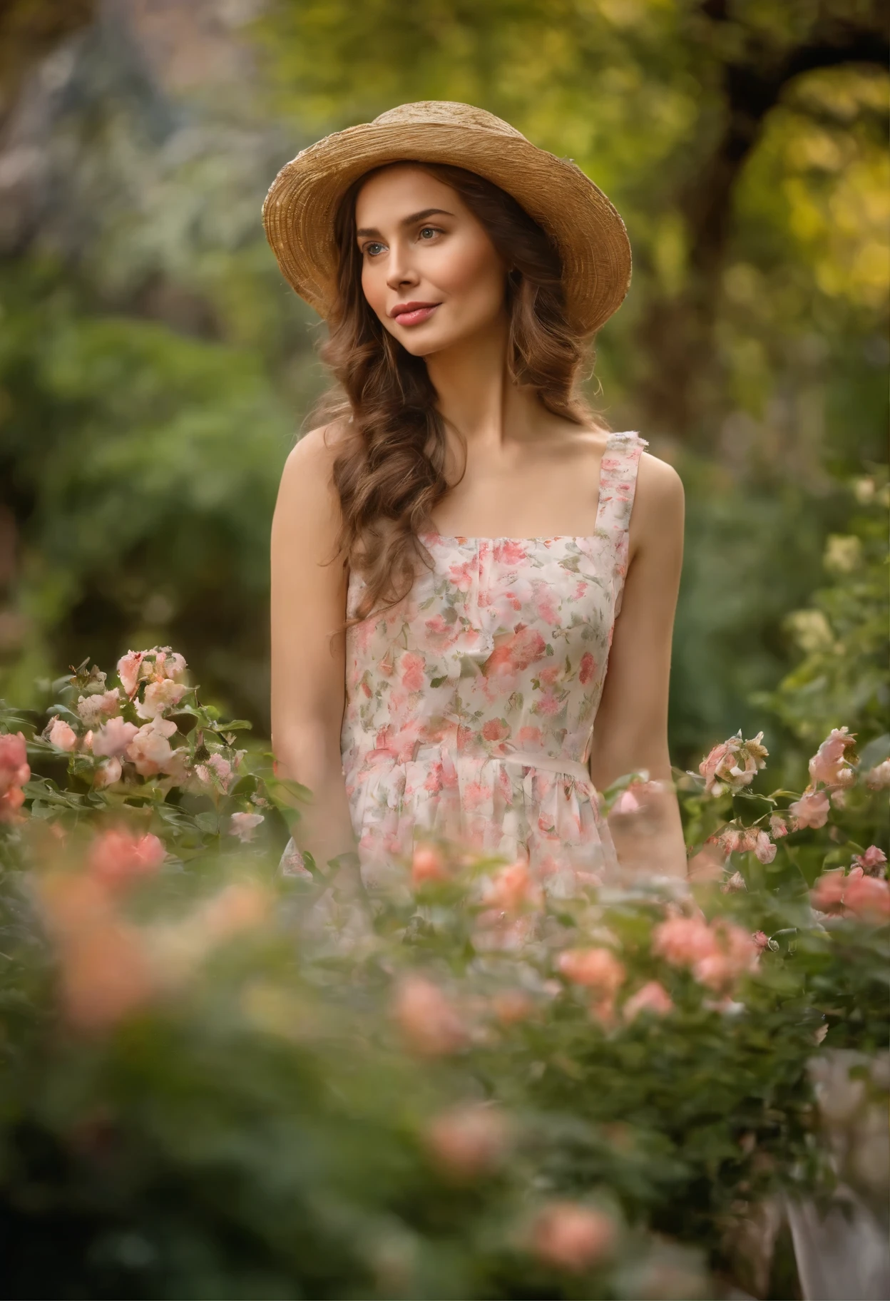 A girl in a Monet-style garden, (best quality, vivid colors, HDR), surrounded by blooming flowers and lush greenery, with dappled sunlight filtering through the trees. The girl is wearing a flowing, pastel-colored dress and has a straw hat adorned with a ribbon on her head. Her expressive, detailed eyes captivate the viewer, complemented by pouty, rosy lips. The garden is filled with vibrant, impressionistic brushstrokes that capture the essence of Monet's style, creating a dreamlike atmosphere.