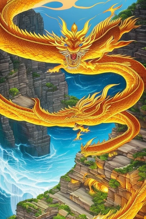 So sublime and divine々A beautiful golden dragon coiled up in the center of the screen, glaring at the camera.。金色のThe dragon is幸せをもたらす神なのでとても有難い存在である。The surrounding area is a canyon where no one can get close, and lightning is flashing in the background.、The sun is shining brightly。The dragon is、I want a realistic image。
