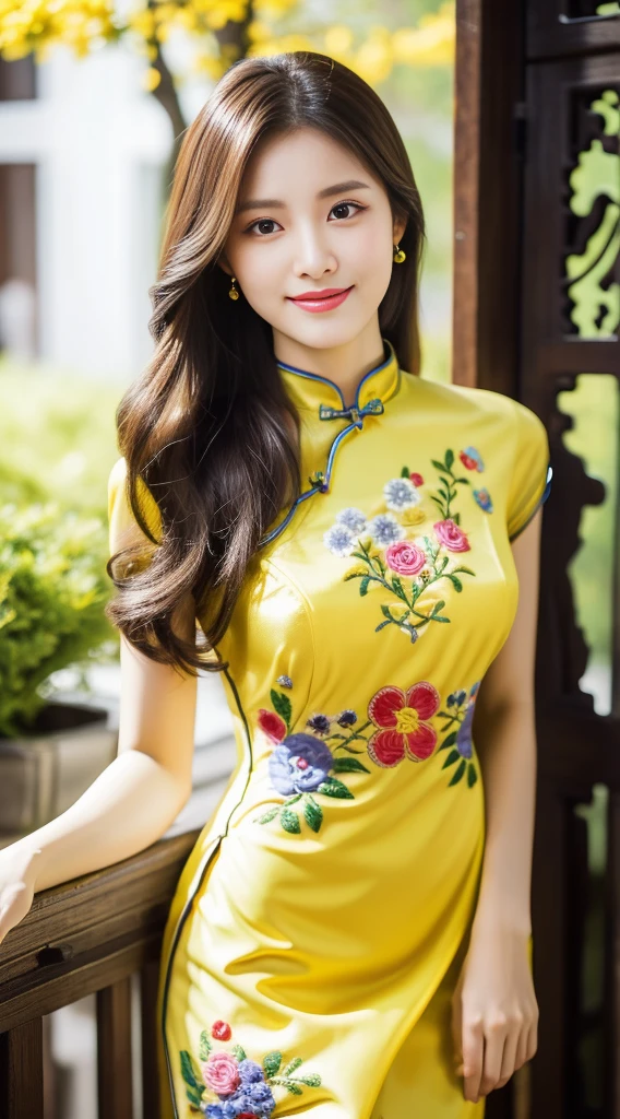 ulzzang-6500-v1.1,(Masterpiece, BestQuality:1.3),(Top image quality,8K:1.3),Realistic high-quality photos,top-quality,Real, Photorealistic, 8K, Delicate beautiful girl，Very nice atmosphere with sparkling eyes，20yo, Attractive eyes and moist lips，long black hair，（smile：1.3），detailed depiction of the face，Formula details，Detailed depiction of facial features Star Masterpiece Fine Detail，Please explain your role in detail，Detailed depiction of hair，carefully drawn ，My body is bumpy，Detailed depiction of hands，detailed costumes，detailed depiction of the face，perfect face，Detailed depiction of hands，4 fingers and 1 thumb：1.3），orthofacial，choker necklace，ear drops, works of masters，extremely close to reality，（full body photo：1.5），best image quality，best quality，endless details，(((Beautiful patterned embroidered Chinese dress 1.3)))，((yellow cheongsam dress)))，（ancient courtyard scene：1.3）,laughter, small of the waist, sexy pose,bold pose, Beautiful legs visible through the slit of a long skirt, big and full breasts, neatly tied hair