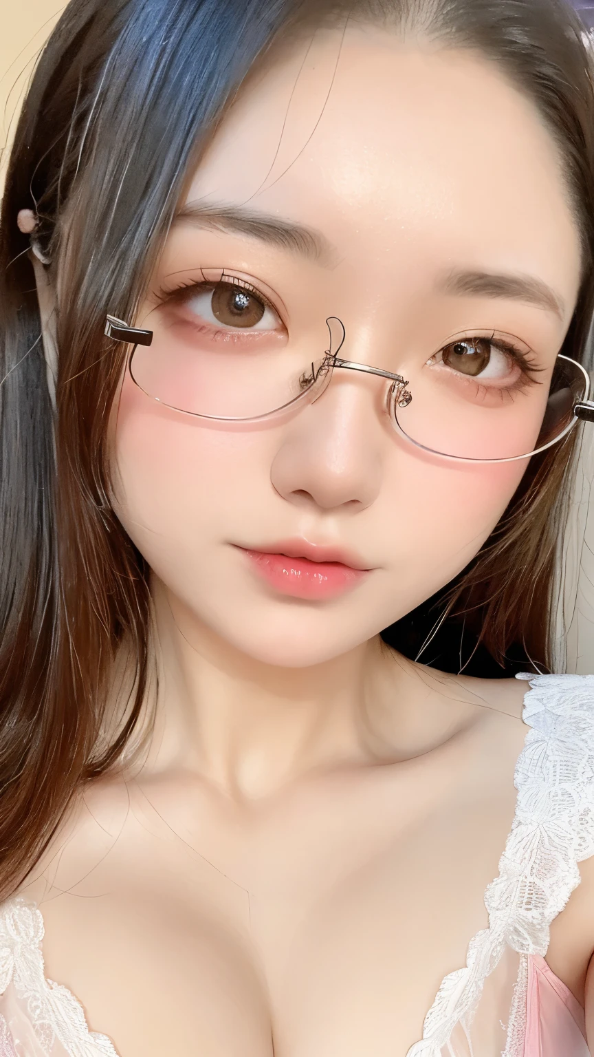 Beautiful and fair、Radiant Skin, 3 Up, Gorgeous, bright, Refreshing and gentle expression, Perfect beautiful face、Beautiful shiny bangs, A very beautiful 17 year old girl, Eyeliner, Very perfect eyes,Very large breasts,Grooves reveal original skin,Muscular body,Huge light pink tight lace lingerie,Upper Body,Silver glasses