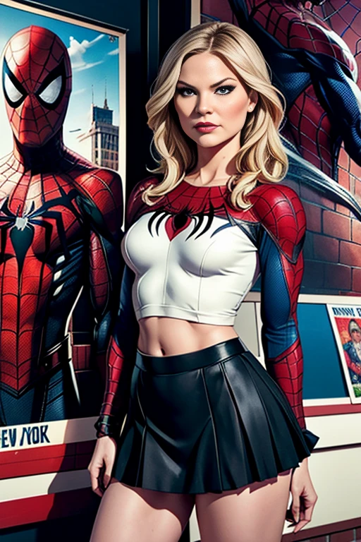 Jennifer Morrison、マーベルコミックの映画Poster、so beautiful、Movies about Spider-Man、sexy、whole body、Wearing a skirt、Premiere Date、Poster、belly buttonを突き出す、new york、She&#39;s wearing a ripped Spiderman suit、The suit is torn、Wearing a skirt、Red and black color scheme、dynamic、masterpiece、highest quality、Super detailed、Very detailed、Delicate and beautiful shine、Ultra-high resolution、Cinematic、break、breakドロップ、(Torn clothes:1.5)、(Wet clothes:1.4)、Bare shoulders、Real Rain、Wet Hair、belly button、Exposed Skin、sexyな肩を披露