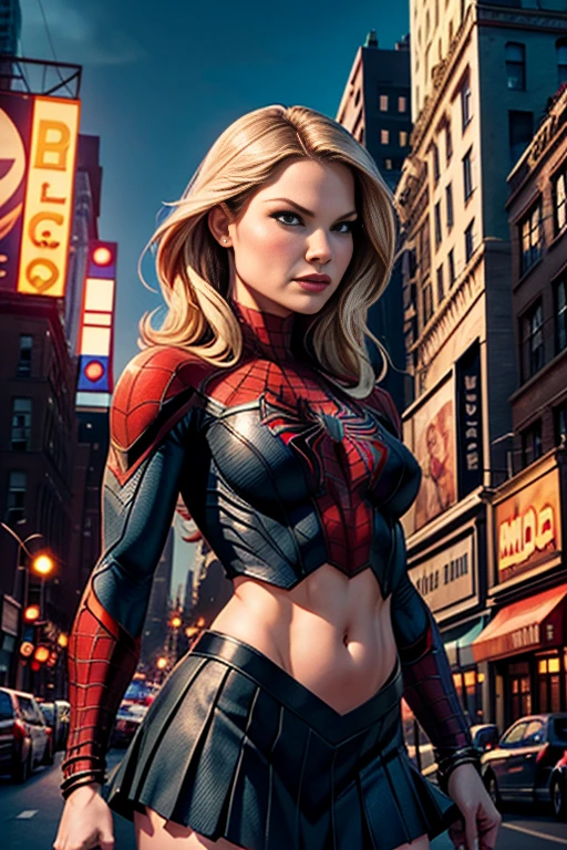 Jennifer Morrison、マーベルコミックの映画Poster、so beautiful、Movies about Spider-Man、sexy、whole body、Wearing a skirt、Premiere Date、Poster、belly buttonを突き出す、new york、She&#39;s wearing a ripped Spiderman suit、The suit is torn、Wearing a skirt、Red and black color scheme、dynamic、masterpiece、highest quality、Super detailed、Very detailed、Delicate and beautiful shine、Ultra-high resolution、Cinematic、break、breakドロップ、(Torn clothes:1.5)、(Wet clothes:1.4)、Bare shoulders、Real Rain、Wet Hair、belly button、Exposed Skin、sexyな肩を披露