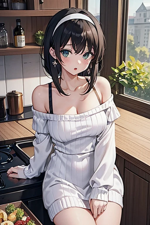 masterpiece, yor, 1girl, Bust A Cup, Amazing Cleavage:1.3, thin waist, big ass, Raised sexy, big breast: 1.2 posed cleavage:1.2、solo, looking at viewer, open mouth, have a cute grass of cute beergrass,black hair, dark green eyes, dress, bare shoulders, jewelry, collarbone, sidelocks, hairband, earrings, indoors, off shoulder, :o, sweater, arms behind back, plant, short hair with long locks, gild hairband, off-shoulder dress, sweater dress, off-shoulder sweater, red sweater, dark gord hair, big side hair, very long side hair,is rendered in (masterpiece: 1.2, best quality), with (ultra high resolution) and an exquisite (depth of field). This masterpiece is not only visually stunning but also tells,A scene of cooking in the kitchen
