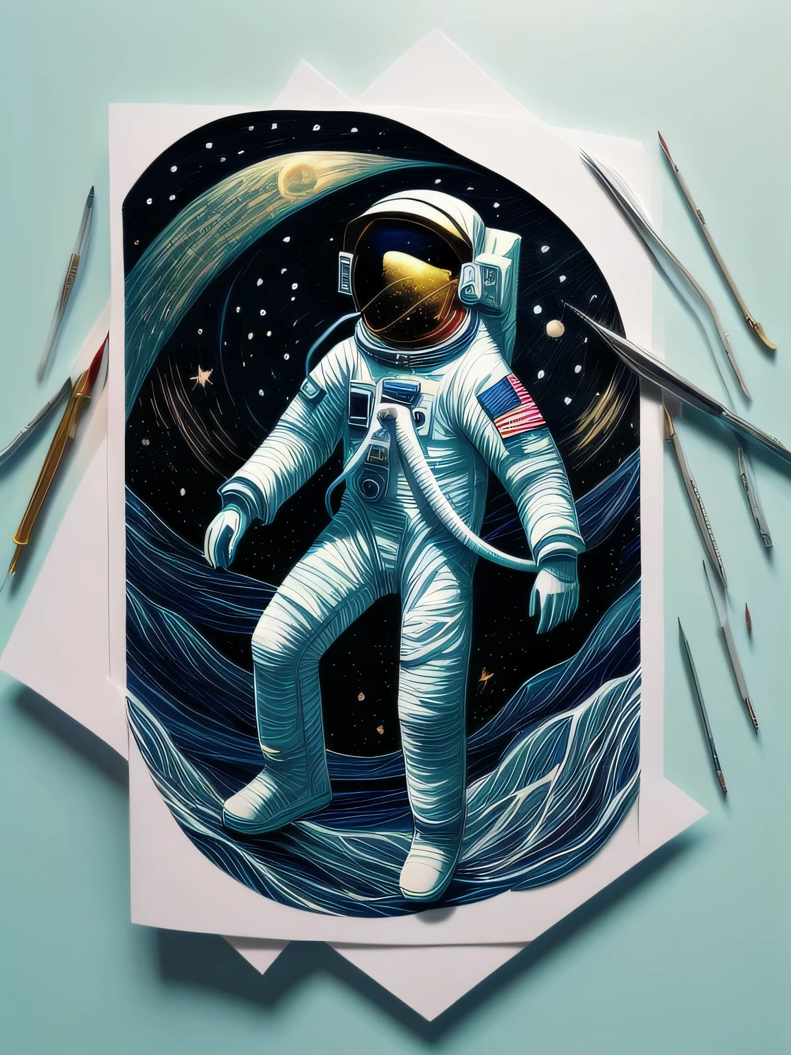 ((Masterpiece))), Best Quality, Light Blue Illustration, ((Astronaut)), Starry Sky, paper_cut, (White Background: 1.1)