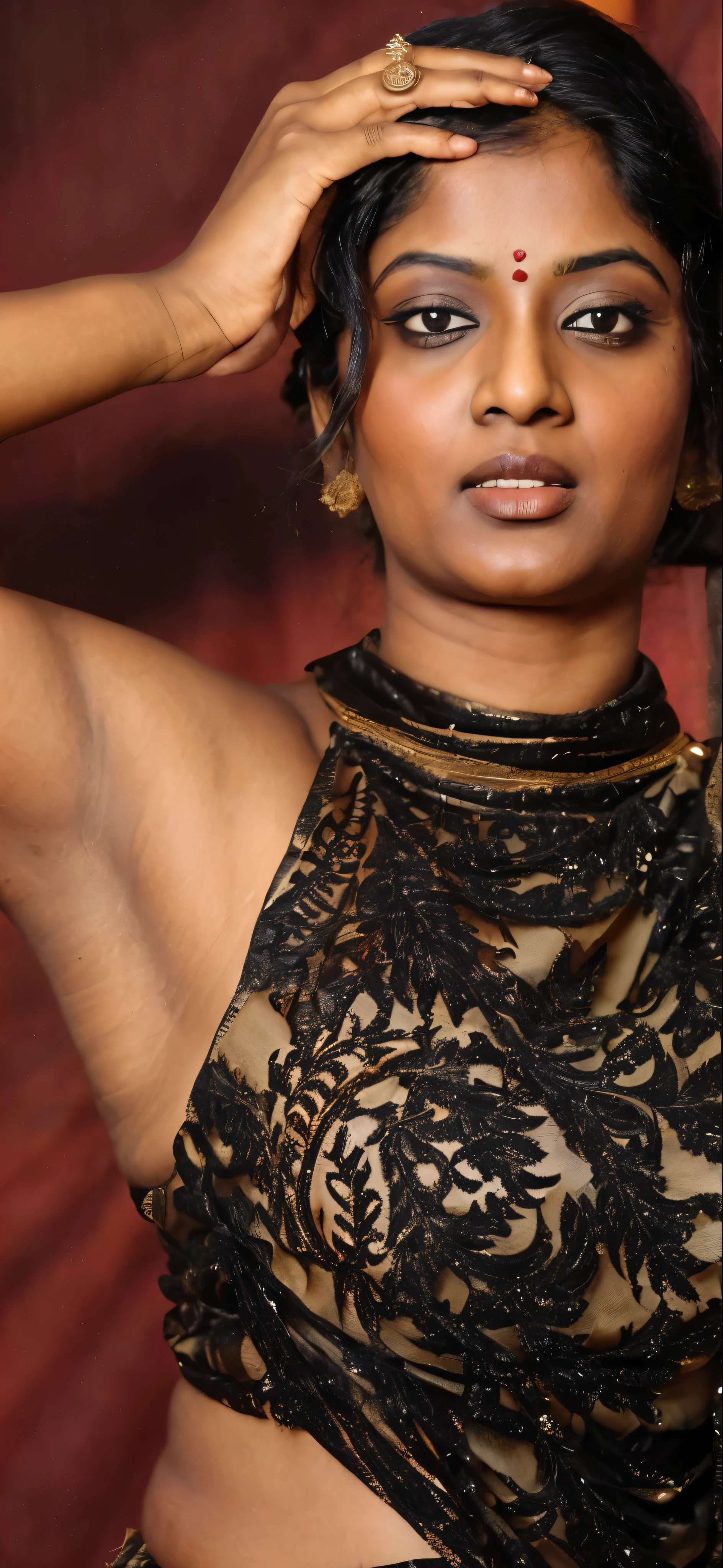 Looks like Indian Actress Ester Noronha, An Extremely gorgeous and beautiful Bengali village woman, 45 yo, pale white skin, sensual appealing body, perfect thick and chubby Beauty, wearing saree bare-chested, wearing a Bengali-style saree without a blouse,, ethnic vintage bengali village woman, bengali style saree, The sari was worn without a blouse and petticoat before the British Raj, baring one's chest or being blouseless, Bengalis a.k.a. Bongs are known for their unique Bengali fashion sense (the way they don that sari makes you go wow), Pre British Raj, Pre colonial era, Bengali Woman draping sari without blouse is a normal thing in pre British Era, bong woman, wearing kajal or kohl or kajol in eyes, highly detailed armpits,
