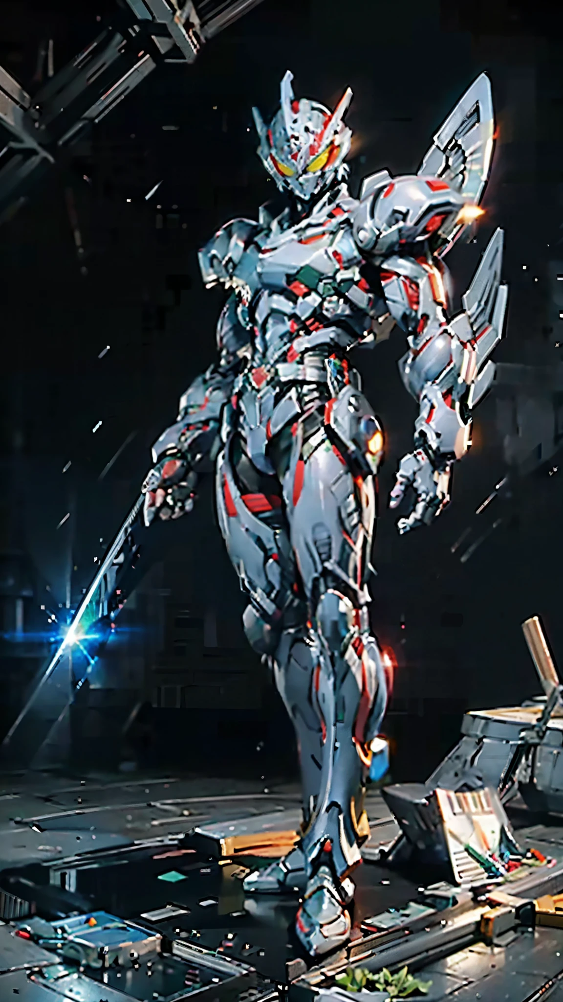 A man wearing a full-face helmet, a fantasy-style biotech armored combat suit, green eyes, (a composite layered chest armor), fully enclosed shoulder guards, matching arm and leg guards, the belt is adorned with Halo, (the color scheme is primarily white with red and blue accents), the design balances heavy with agility, a high-tech bio-mecha armor, (Armor Concept Inspired by Angel, stand on the top of a skyscraper in a futuristic sci-fi city), this character embodies a finely crafted fantasy-surreal style armored hero in anime style, exquisite and mature manga art style, (battle damage, element, plasma, energy, the armor glows), ((male:1.5)), metallic, real texture material, dramatic, high definition, best quality, highres, ultra-detailed, ultra-fine painting, extremely delicate, professional, perfect body proportions, golden ratio, anatomically correct, symmetrical face, extremely detailed eyes and face, high quality eyes, creativity, RAW photo, UHD, 32k, Natural light, cinematic lighting, masterpiece-anatomy-perfect, masterpiece:1.5