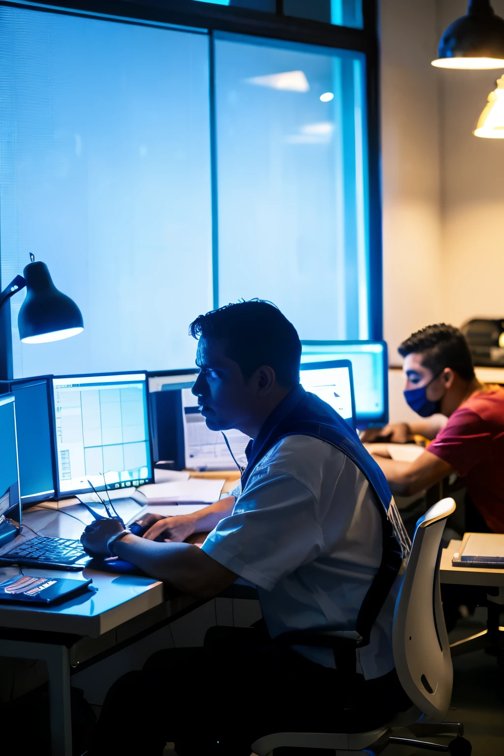 ((imagen de 4 trabajadores de oficina con un fondo azul oscuro))
