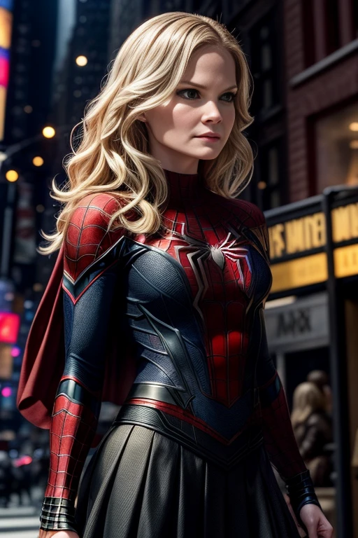 Jennifer Morrison、マーベルコミックの映画Poster、so beautiful、Movies about Spider-Man、sexy、whole body、Wearing a skirt、Premiere Date、Poster、belly buttonを突き出す、new york、She&#39;s wearing a ripped Spiderman suit、The suit is torn、Wearing a skirt、Red and black color scheme、dynamic、masterpiece、highest quality、Super detailed、Very detailed、Delicate and beautiful shine、Ultra-high resolution、Cinematic、break、breakドロップ、(Torn clothes:1.5)、(Wet clothes:1.4)、Bare shoulders、Real Rain、Wet Hair、belly button、Exposed Skin、sexyな肩を披露