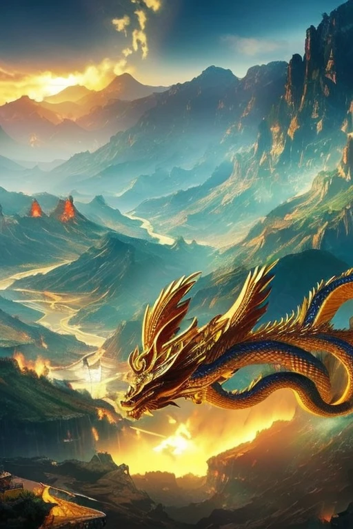 So sublime and divine々A beautiful golden dragon coiled up in the center of the screen, glaring at the camera.。金色のThe dragon is幸せをもたらす神なのでとても有難い存在である。The surrounding area is a canyon where no one can get close, and lightning is flashing in the background.、The sun is shining brightly。The dragon is、I want a realistic image。