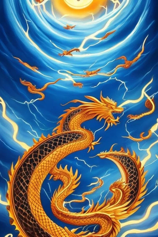 So sublime and divine々A beautiful golden dragon coiled up in the center of the screen, glaring at the camera.。金色のThe dragon is幸せをもたらす神なのでとても有難い存在である。The surrounding area is a canyon where no one can get close, and lightning is flashing in the background.、The sun is shining brightly。The dragon is、I want a realistic image。