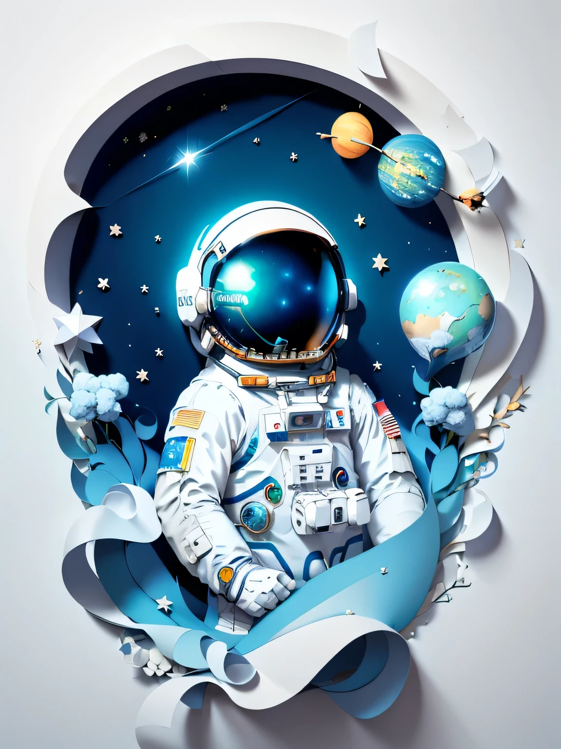 ((Masterpiece))), Best Quality, Light Blue Illustration, ((Astronaut)), Starry Sky, paper_cut, (White Background: 1.1)