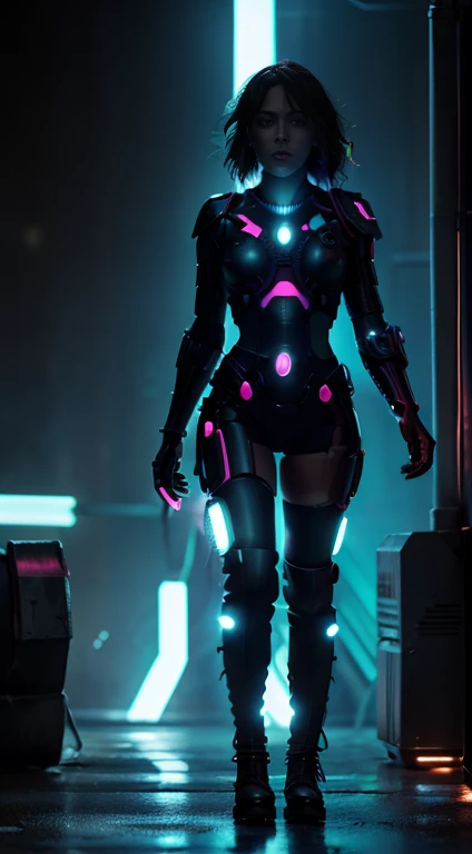 full body woman in cyberpunk cyti walking glowing neon stripes on the dress's boots, vibrant color, cyberpunk style, ultra realistic
