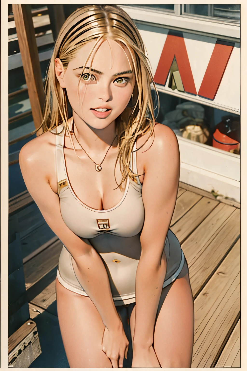 close up, portrait of a 25 year old girl full lips, symmetrical face, blend of (Alexis Dziena:1.1),  (Maria Sharapova:1.6), (Jennifer Connelly:0.8)brunette, natural beauty, beautiful girl, casual, playful, smirking, movie poster style, standing, boardwalk posing 
