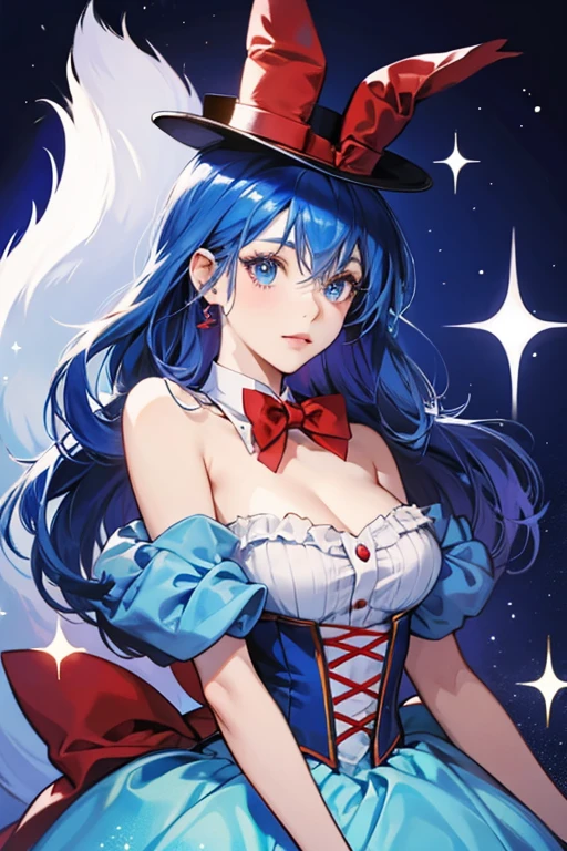 blue girl fox who wears a red bow tie and a top hat. SPARKLE; GLITTER