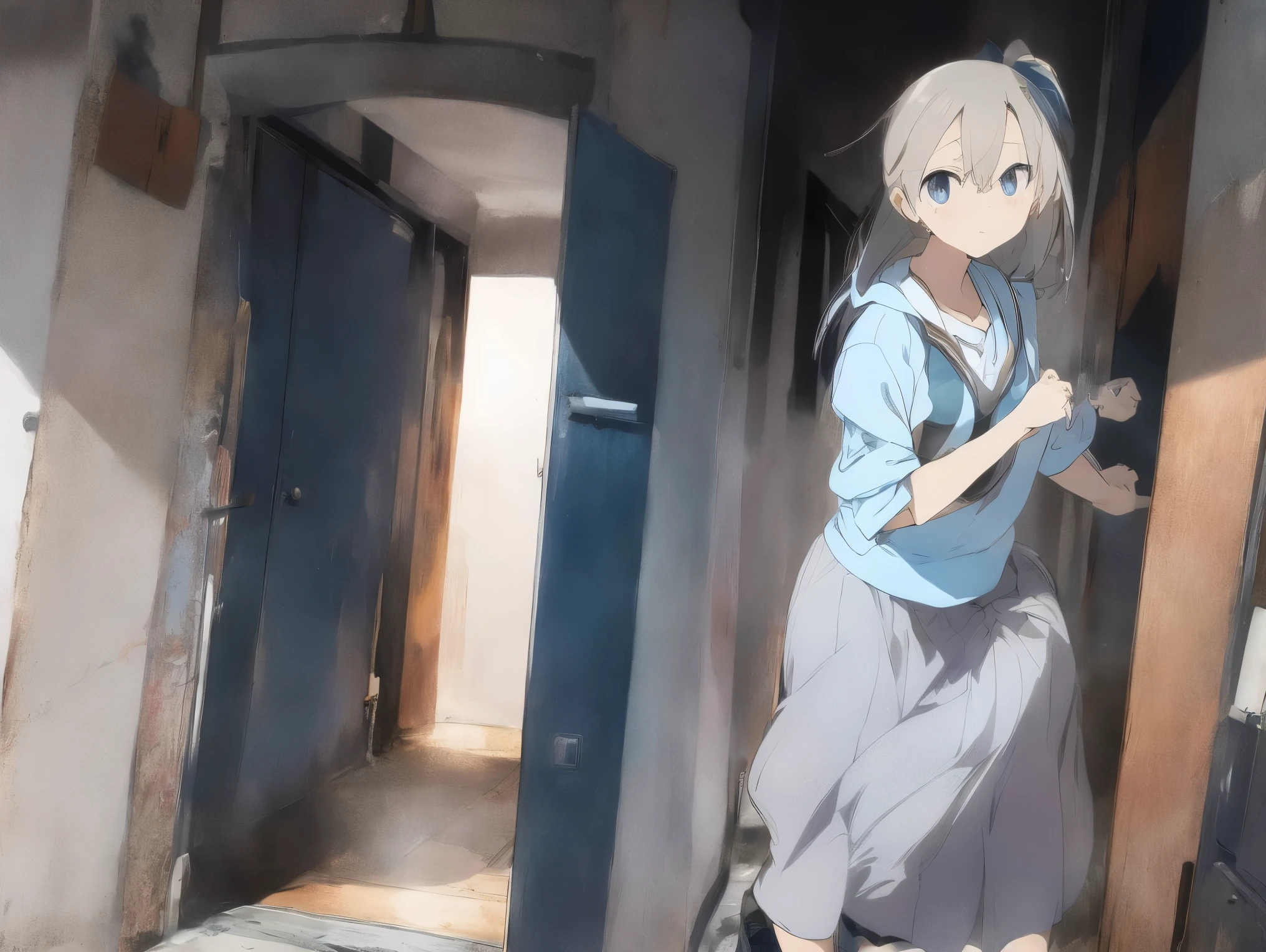  in long skirt、Steep stairs at school、Shirt clinging to no-bra 、Cute white underwear showing off a lifted skirt、Light blue color、Sweaty shirt、Cute underwear visible from under the stairs