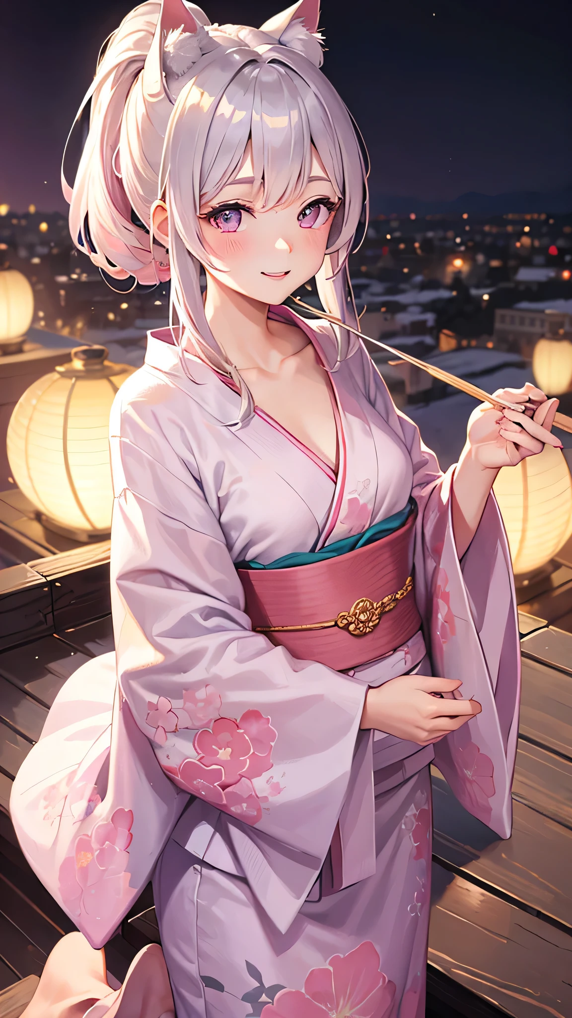 masterpiece,highest quality,Highly detailed face,fine grain,yukata、firework、ponytail、Sparkling eyes,Highlighted eyes,Mid-chest,pretty girl,smile,Cat ear,Beautiful silver hair,Pink inside,Beautiful pink eyes,