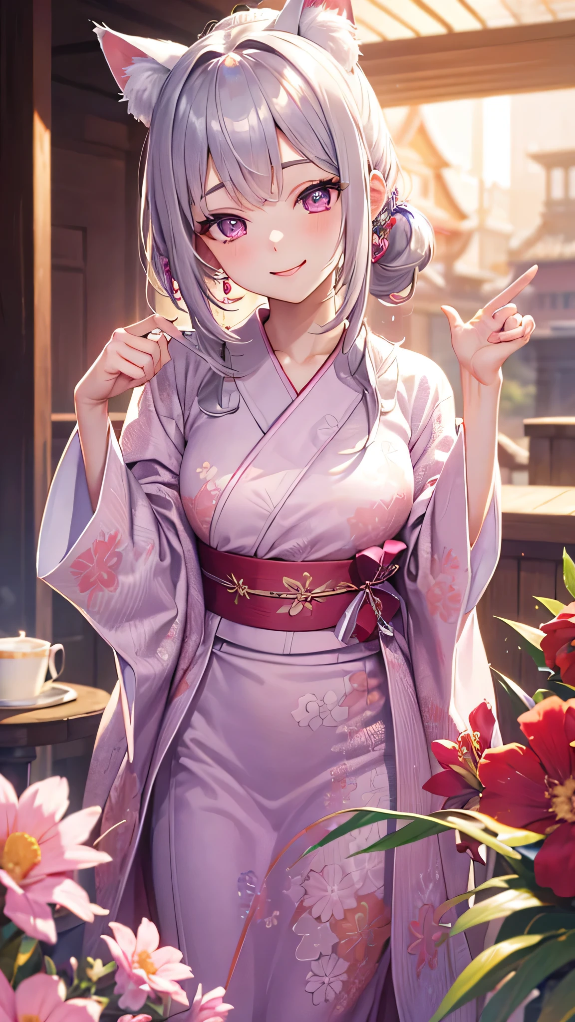 masterpiece,highest quality,Highly detailed face,fine grain,yukata、firework、ponytail、Sparkling eyes,Highlighted eyes,Mid-chest,pretty girl,smile,Cat ear,Beautiful silver hair,Pink inside,Beautiful pink eyes,