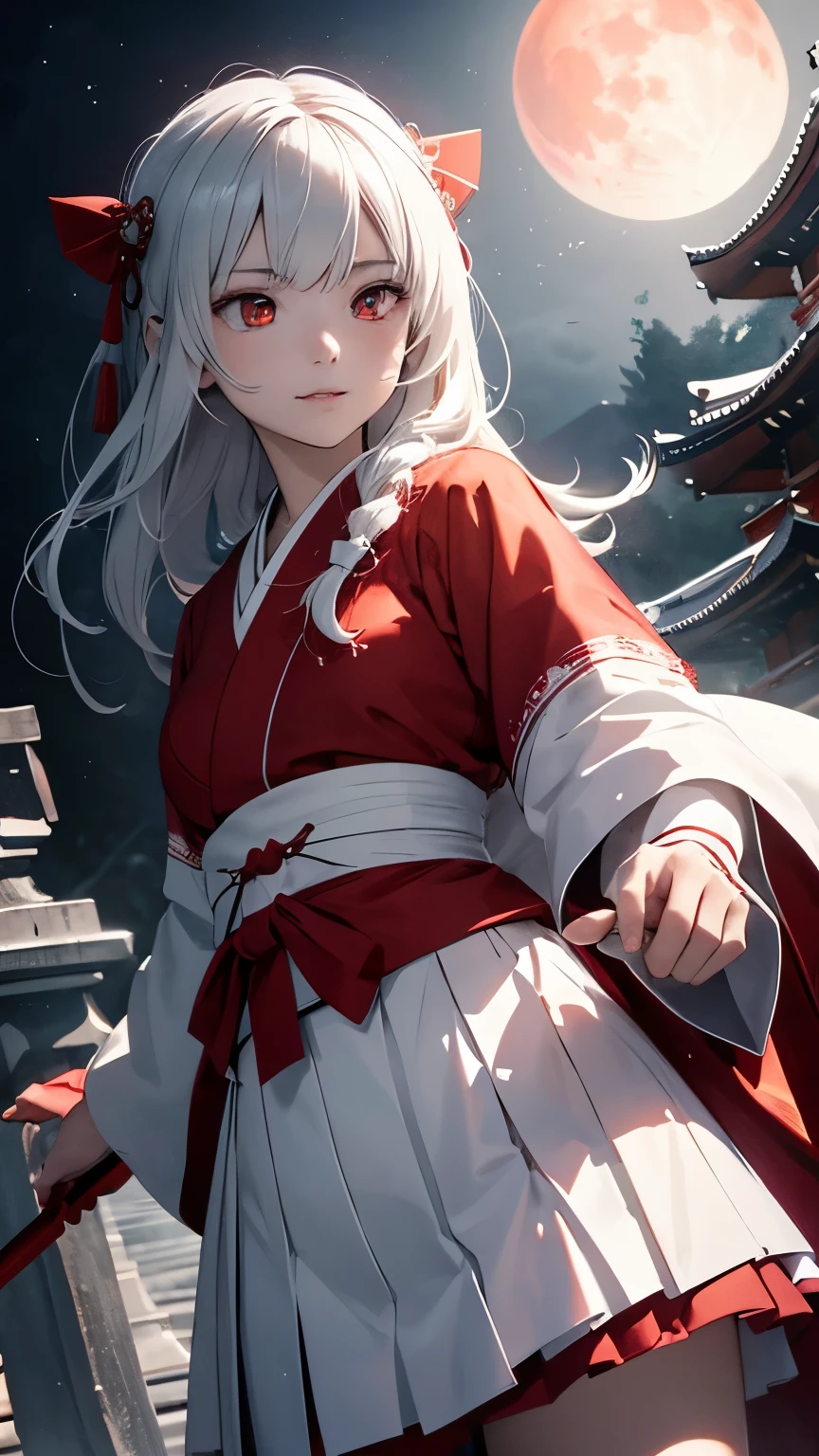 Japanese shrine maiden, girl, shrine, mysterious, human, shrine maiden clothes, short and slender person, standing, white skin, white skin, long black hair, red eyes, crazy smile, beautiful face, night, Beautiful face, white and red clothes, beautiful limbs, tamagushi, white jacket, sleeves, white gloves, traditional clothes, red skirt, black moon, red moon, looking at the viewer, intimidating gaze, (cinematic angle:1.2), drawing style, dynamic light, ultra detail, extremely detailed CG, micro intricate, highly detailed skin, highly detailed face, highly detailed pupils, highly detailed iris, RAW photo, best quality, high resolution, ((masterpiece)), realistic, sharp focus, HDR, 8K resolution, intricate detail, sophisticated detail, hyper detailed, (depth of field), highlight and shadow, volumetric lighting, highly detailed background, by Kentaro Miura:1.1, comicbookpencils:0.9, greyscale(line art:1.1)